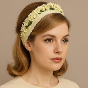 Vintage 1950s Auerbach’s Floral Headband Hat Ivory Lemon Yellow Flowers NEW NOS